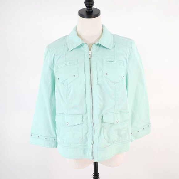 Chico's Size 1 Seafoam Green Full Zip Collared Jacket Waist Fitted Cotton Pocket - Picture 1 of 10